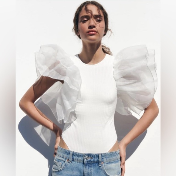 Zara tulle ruffled white ribbed bodysuit sleeveless top - Picture 7 of 11